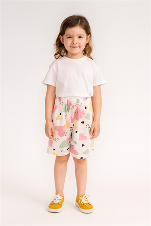 1570 - Kalp Baskılı Kız Şort - Krem - Pembe