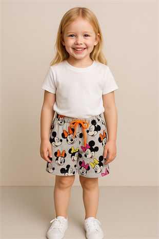 1570 - Karakter Baskılı Kız Şort - Gri - Renkli