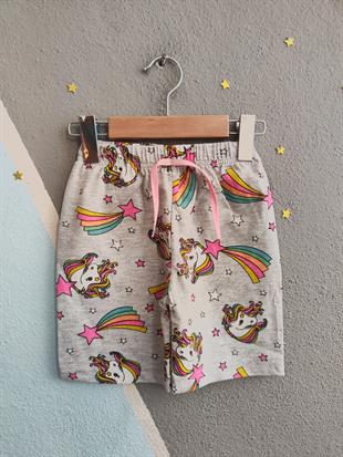 1570 - Unicorn Baskılı Kız Şort - Gri