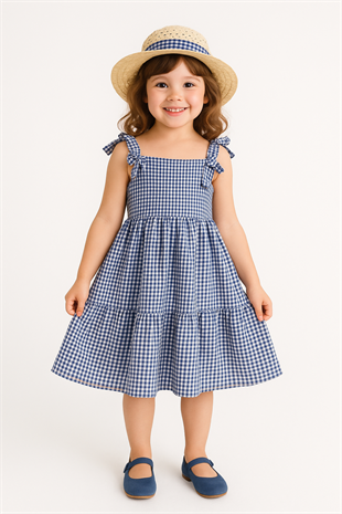1572 - Şapkalı Ekose Kız Elbise - Saks
