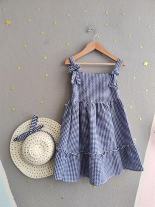 1572 - Şapkalı Ekose Kız Elbise - Saks