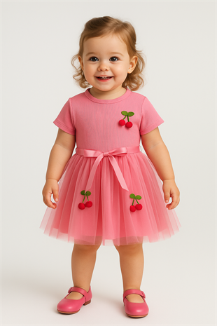 1573 - Kirazlı Tütü Elbise - Pembe