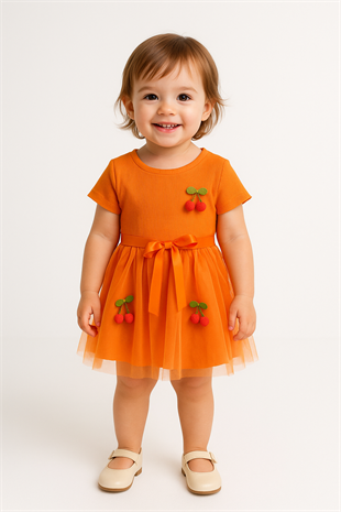 1573 - Kirazlı Tütü Elbise - Turuncu