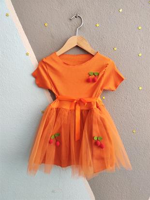 1573 - Kirazlı Tütü Elbise - Turuncu