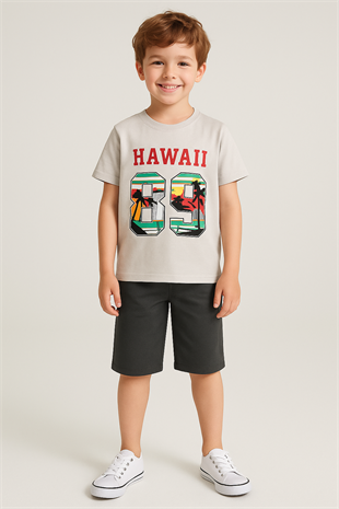 1578 -  Hawaii Baskılı Erkek Takım - Gri- Füme