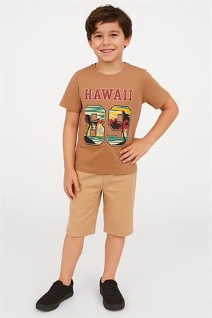 1578 -  Hawaii Baskılı Erkek Takım - Kahverengi- Krem