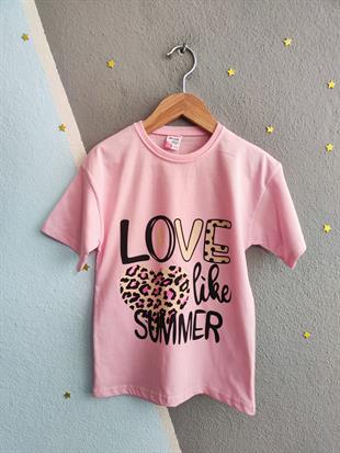 1595 - Love baskılı leopar desenli kız çocuk takımı - Toz Pembe