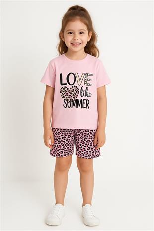 1595 - Love baskılı leopar desenli kız çocuk takımı - Toz Pembe
