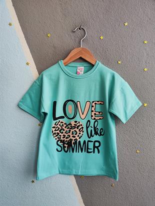 1595 - Love baskılı leopar desenli kız çocuk takımı - Yeşil