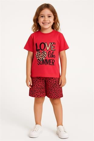 1595 - Love baskılı leopar desenli kız çocuk takımı - Fuşya