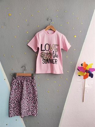 1595 - Love baskılı leopar desenli kız çocuk takımı - Toz Pembe