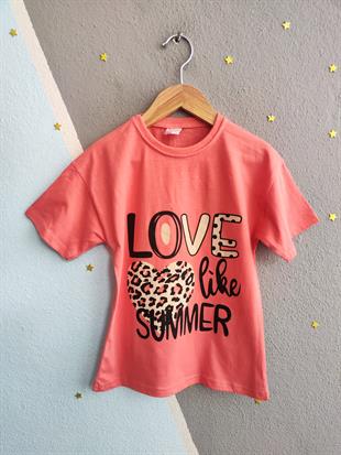 1595 - Love baskılı leopar desenli kız çocuk takımı - Nar çiçeği