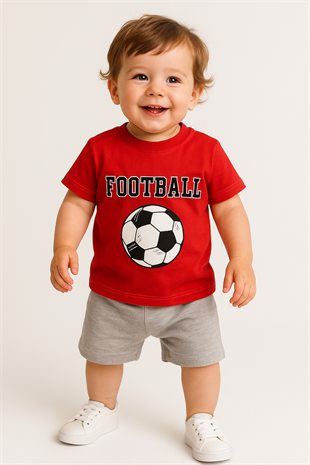 1604 - Futbol Topu Baskılı Aylık Erkek Çocuk Takım - Kırmızı
