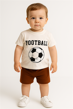 1604 - Futbol Topu Baskılı Aylık Erkek Çocuk Takım - Krem - Kahve