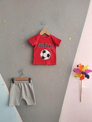 1604 - Futbol Topu Baskılı Aylık Erkek Çocuk Takım - Kırmızı