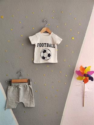 1604 - Futbol Topu Baskılı Aylık Erkek Çocuk Takım - Krem - Gri