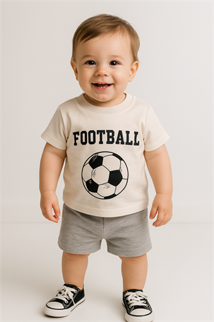 1604 - Futbol Topu Baskılı Aylık Erkek Çocuk Takım - Krem - Gri