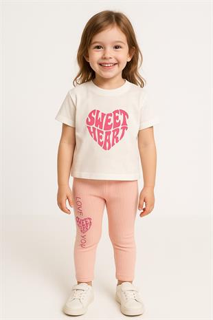1615 -  Sweet Heart Baskılı Kız Çocuk Takım - Beyaz - Somon