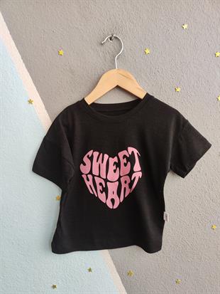 1615 -  Sweet Heart Baskılı Kız Çocuk Takım - Siyah - Toz Pembe