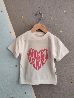 1615 -  Sweet Heart Baskılı Kız Çocuk Takım - Beyaz - Somon