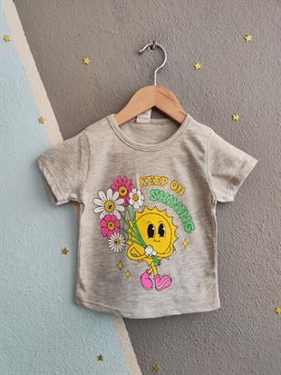 1626 - Güneş ve Çiçek Baskılı Kız Çocuk Takımı - Gri