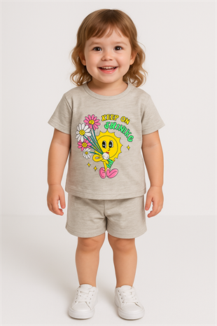 1626 - Güneş ve Çiçek Baskılı Kız Çocuk Takımı - Gri