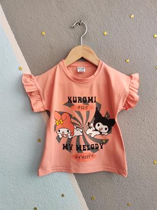 1628 - Altı desenli karakter baskılı kız çocuk takımı - Somon