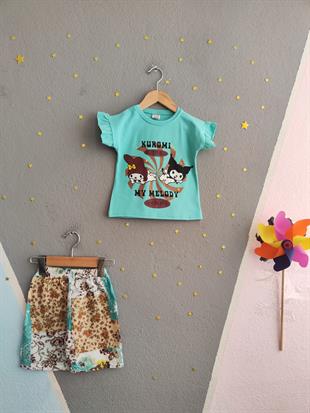 1628 - Altı desenli karakter baskılı kız çocuk takımı -  Yeşil