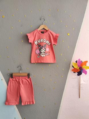 1629 - Fırfırlı karakter baskılı kız çocuk takımı -  Nar Çiçeği