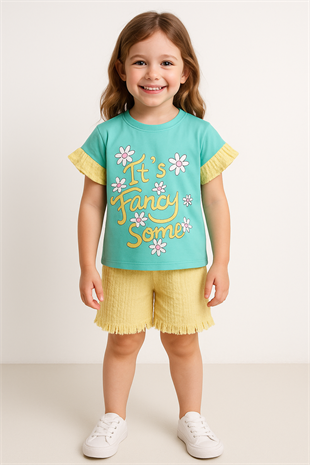 1648 - Papatya Baskılı Kesik Paçalı Kız Takım - Yeşil - Sarı