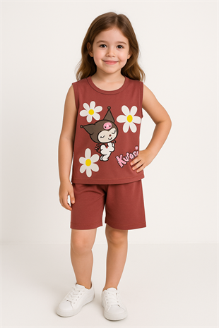 1649 - Papatya ve Karakter Baskılı Sıfır Kollu Kız Takım - Mürdüm