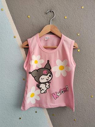 1649 - Papatya ve Karakter Baskılı Sıfır Kollu Kız Takım - Toz Pembe