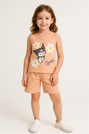 1649 - Papatya ve Karakter Baskılı Sıfır Kollu Kız Takım - Somon