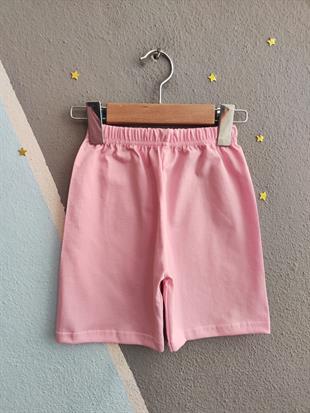 1649 - Papatya ve Karakter Baskılı Sıfır Kollu Kız Takım - Toz Pembe