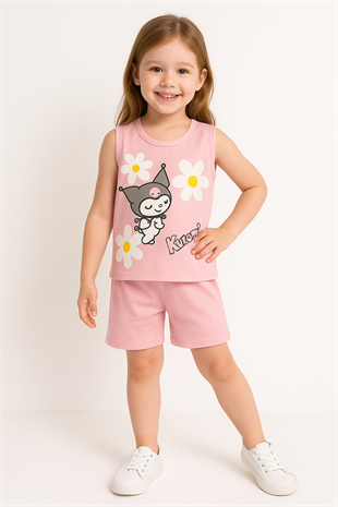 1649 - Papatya ve Karakter Baskılı Sıfır Kollu Kız Takım - Toz Pembe