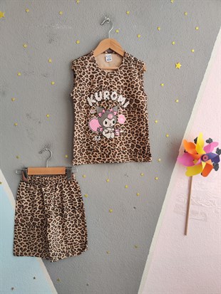 1650 - Karakter Baskılı Sıfır Kollu Kız Çocuk Takımı - Leopar