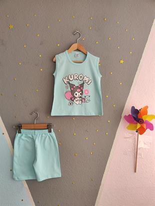 1650 - Karakter Baskılı Sıfır Kollu Kız Çocuk Takımı - Su Yeşili