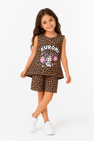 1650 - Karakter Baskılı Sıfır Kollu Kız Çocuk Takımı - Leopar