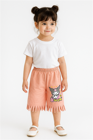 1670 - Karakter Baskılı Püsküllü Kız Şortu - Somon