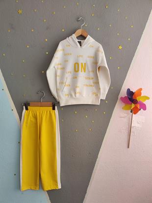 1679 - On Life Baskılı Kapüşonlu Kız Takım - Beyaz - Sarı