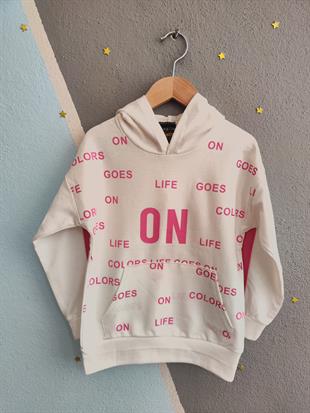 1679 - On Life Baskılı Kapüşonlu Kız Takım - Beyaz - Pembe