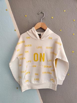 1679 - On Life Baskılı Kapüşonlu Kız Takım - Beyaz - Sarı