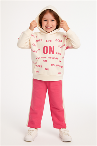 1679 - On Life Baskılı Kapüşonlu Kız Takım - Beyaz - Pembe
