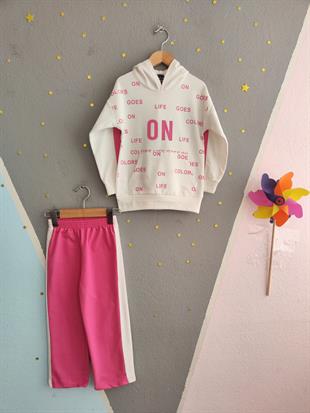 1679 - On Life Baskılı Kapüşonlu Kız Takım - Beyaz - Pembe