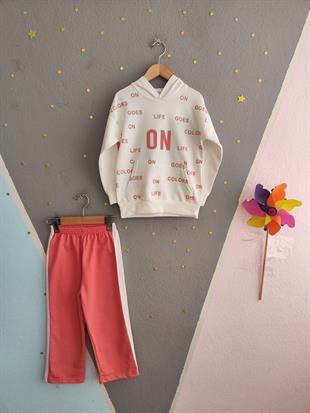 1679 - On Life Baskılı Kapüşonlu Kız Takım - Beyaz - Gül Kurusu