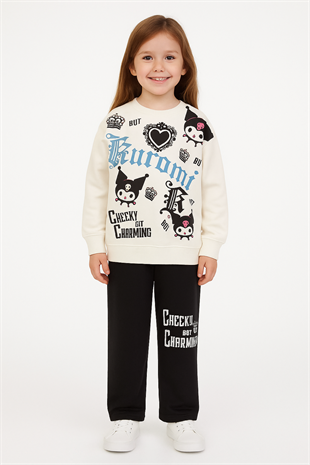 1680- Karakter Baskılı Kalpli Kız Çocuk Takım - Beyaz - Siyah