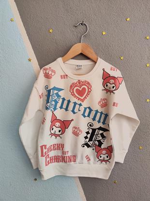 1680- Karakter Baskılı Kalpli Kız Çocuk Takım - Beyaz - Somon