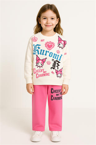 1680- Karakter Baskılı Kalpli Kız Çocuk Takım - Beyaz - Pembe