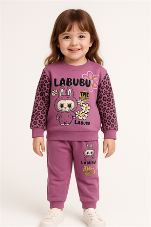 1682- Kolları Leoparlı Karakter Baskılı Kız Çocuk Takım - Lila