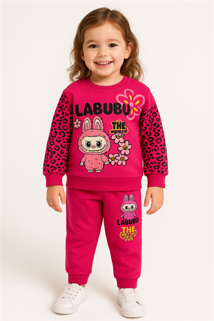 1682- Kolları Leoparlı Karakter Baskılı Kız Çocuk Takım - Fuşya